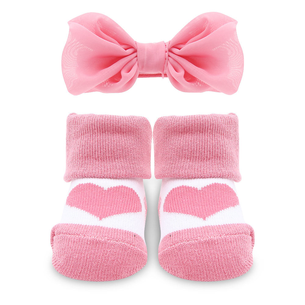 BOOTIES PK-3 WITH 3 HEAD BANDS PINK HEARTS & FLORAL