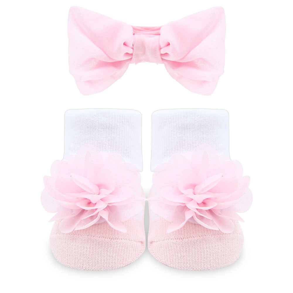 BOOTIES PK-3 WITH 3 HEAD BANDS PINK HEARTS & FLORAL