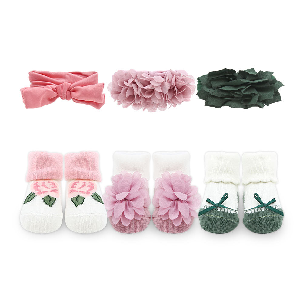 BOOTIES PK-3 WITH 3 HEAD BANDS PINK FLORAL