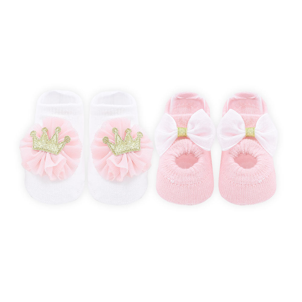 BOOTIES PK-2 PINK & WHITE CROWNED BOW
