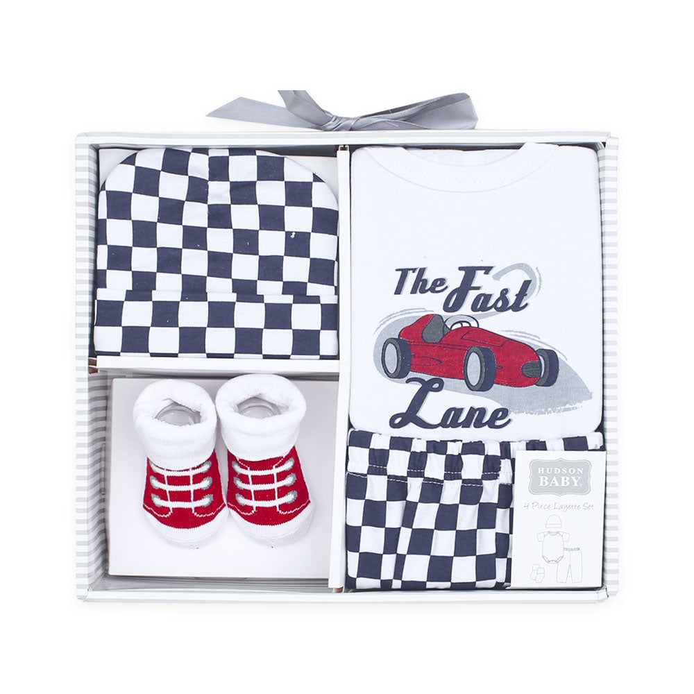 BABY BOY GIFT SET PK-4 WHITE THE FAST LANE CHECKERED