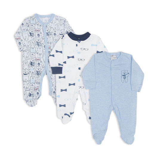 SLEEP SUITS / ROMPERS BOYS PK-3 BLUE NERDY BEAR