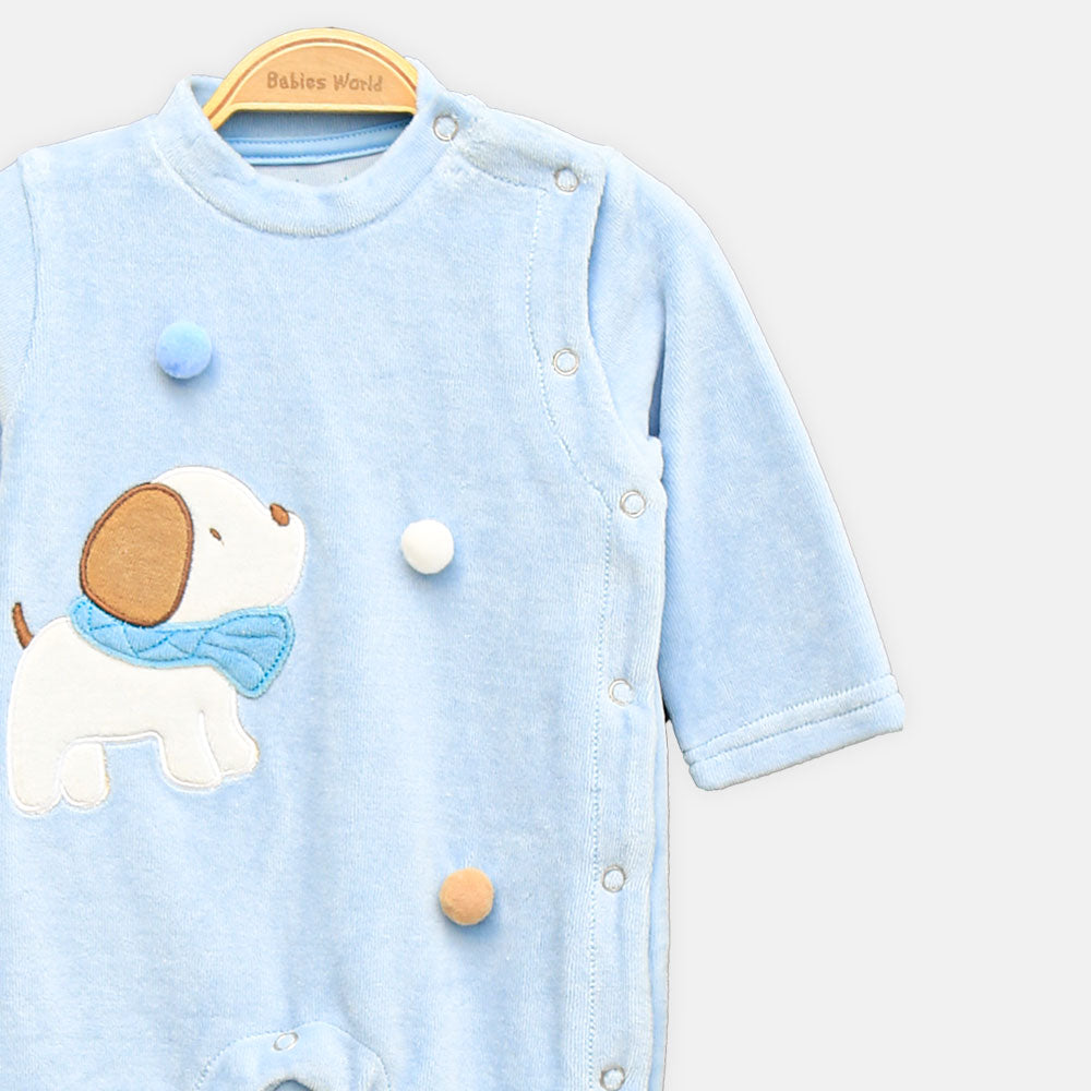 BOY ROMPER COZY PUPPY VELOUR BLUE