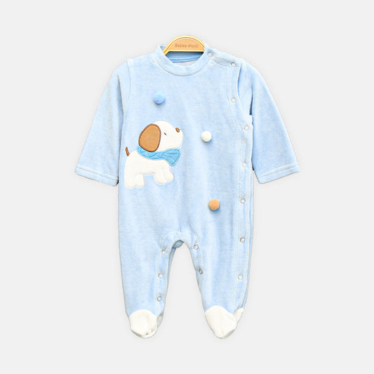 BOY ROMPER COZY PUPPY VELOUR BLUE