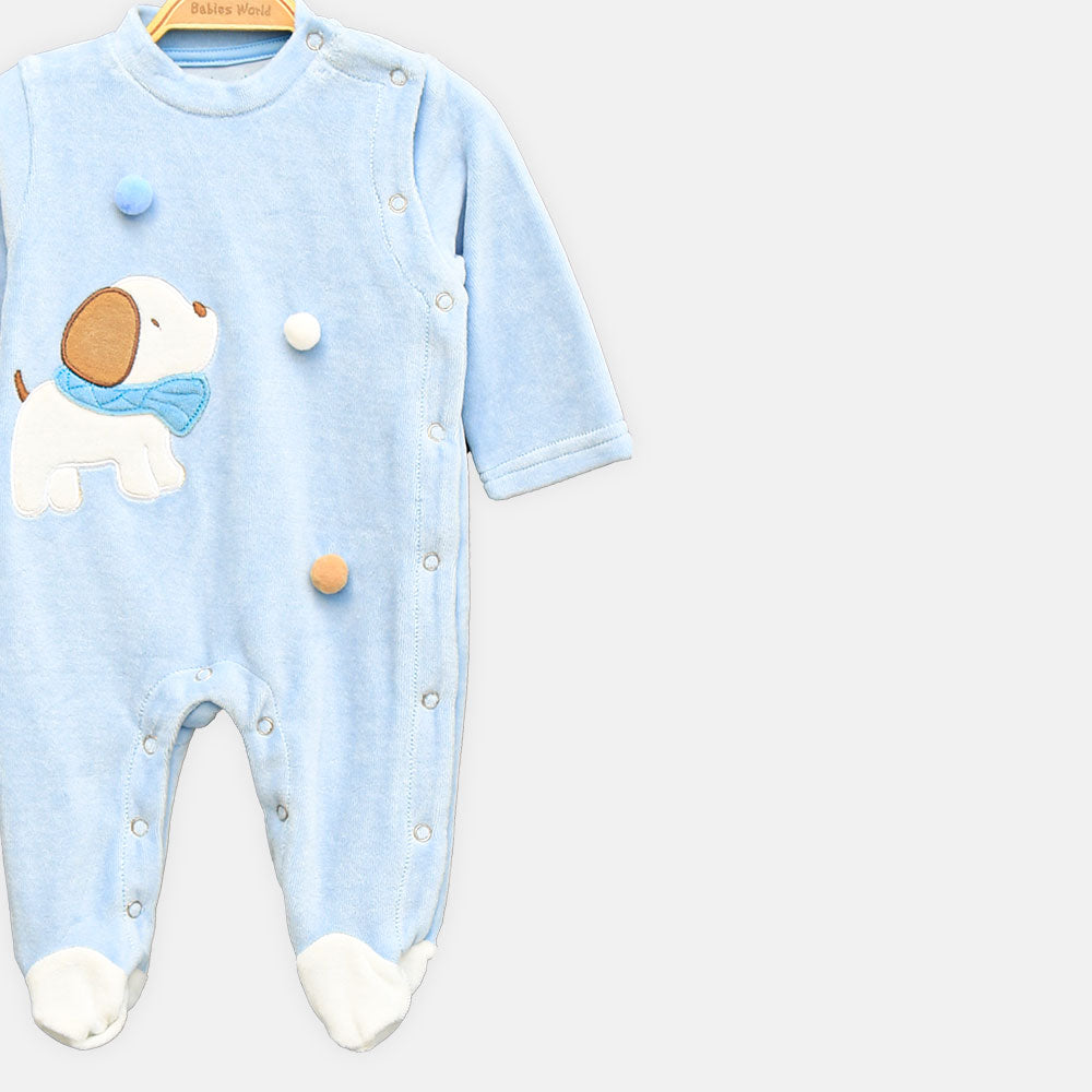 BOY ROMPER COZY PUPPY VELOUR BLUE