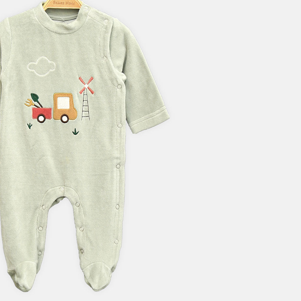 BOY ROMPER FARM FUN VELOUR GREEN