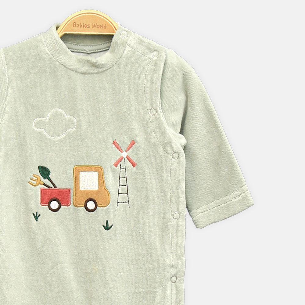 BOY ROMPER FARM FUN VELOUR GREEN
