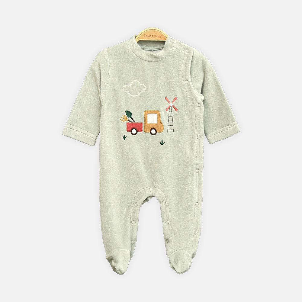 BOY ROMPER FARM FUN VELOUR GREEN