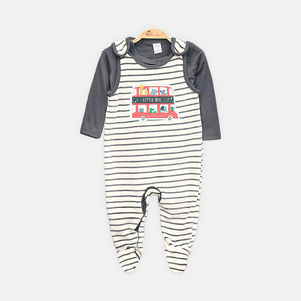 BOY ROMPER LITTLE BUS STRIPED COTTON FOOTED