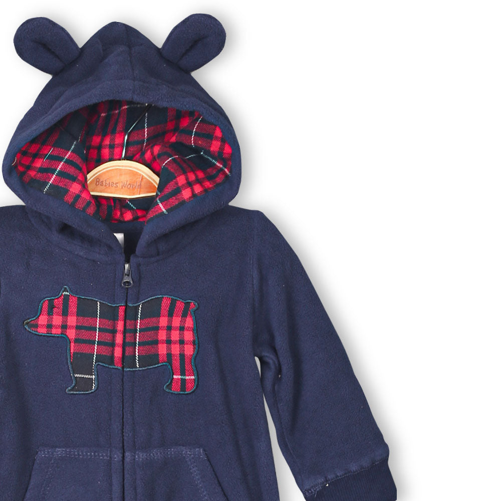 BOY ROMPER NAVY FLEECE BEAR HOODED