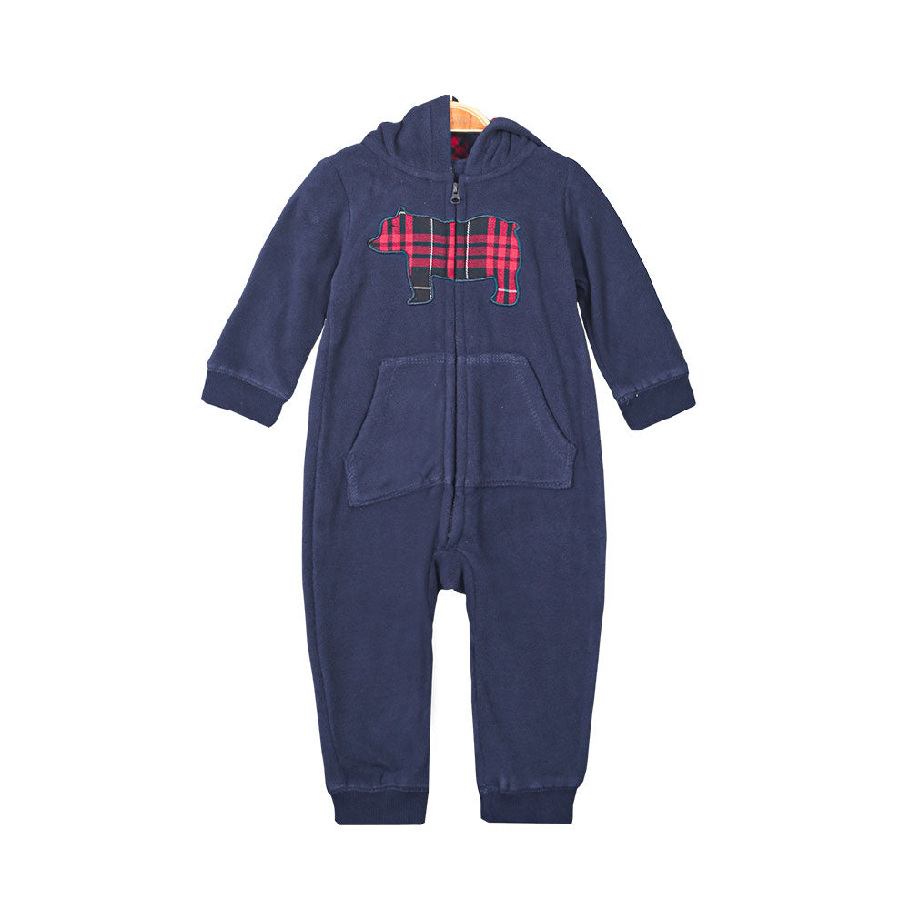 BOY ROMPER NAVY FLEECE BEAR HOODED