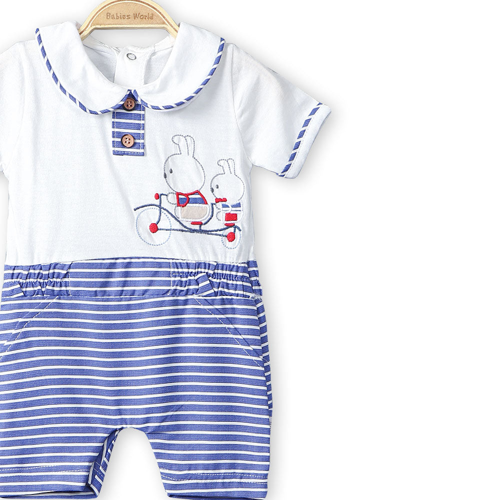 BOY ROMPER NAVY CYCLE & BUNNIES