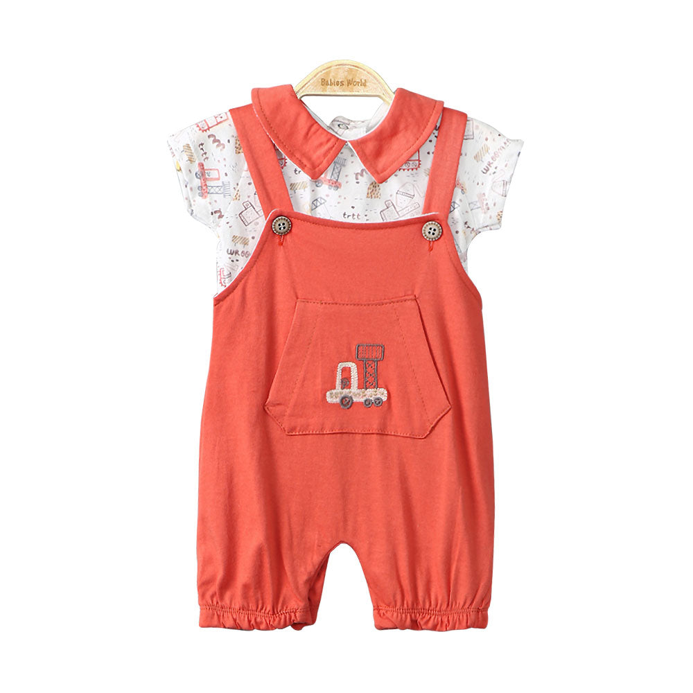 BOY ROMPER CORAL TRUCKS