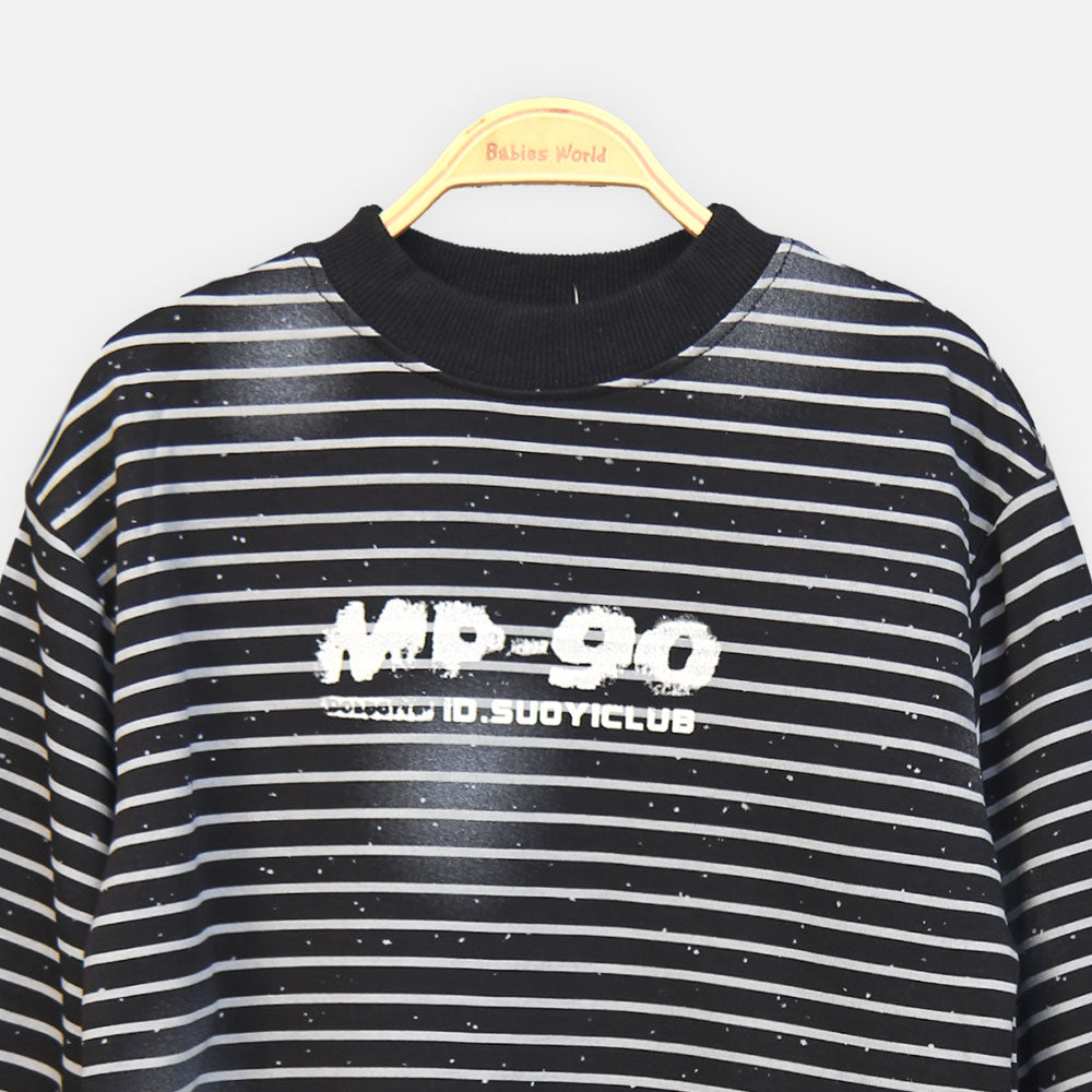 BOY T-SHIRT BLACK & GREY STRIPED CREW