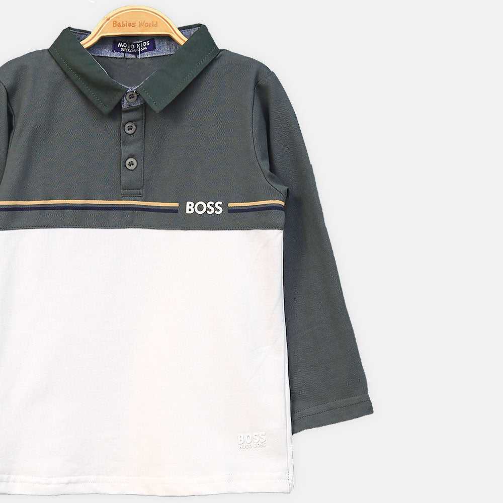 BOY T-SHIRT GREY AND WHITE STRIPED MOCK NECK
