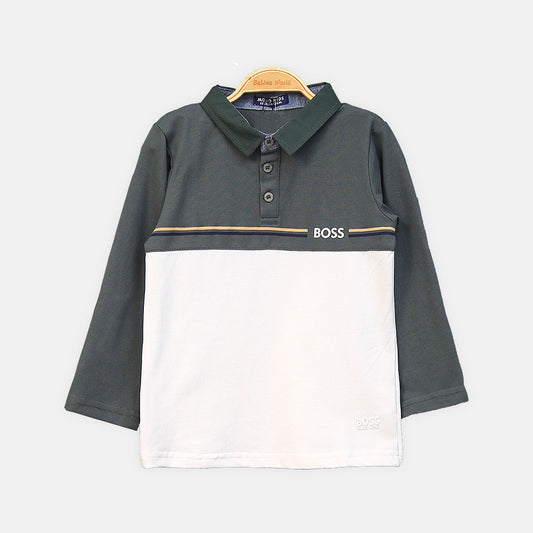 BOY T-SHIRT GREY AND WHITE STRIPED MOCK NECK