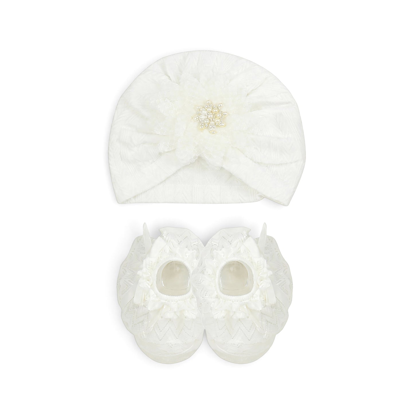 ELEGANT WHITE INFANT BOOTIES & CAP