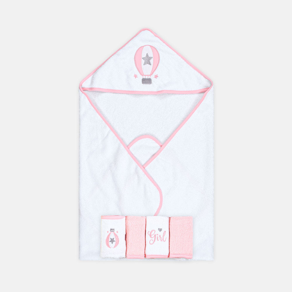BATH TOWEL WITH 4 FACE TOWELS PINK / WHITE