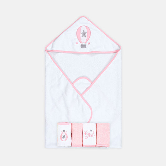 BATH TOWEL WITH 4 FACE TOWELS PINK / WHITE
