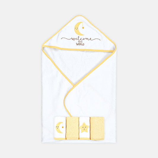 BATH TOWEL WITH 4 FACE TOWELS YELLOW / WHITE