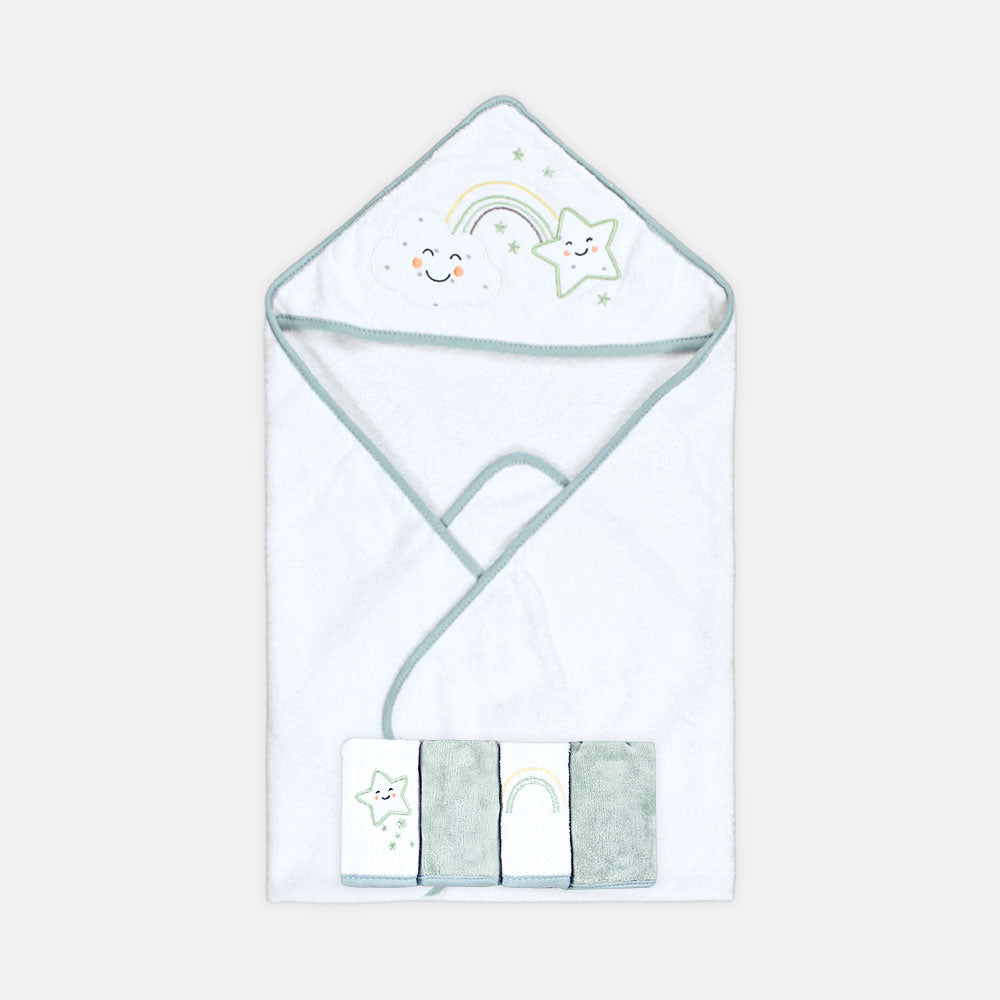 BATH TOWEL WITH 4 FACE TOWELS GREEN / WHITE