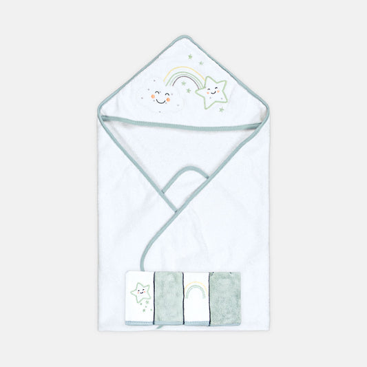 BATH TOWEL WITH 4 FACE TOWELS GREEN / WHITE