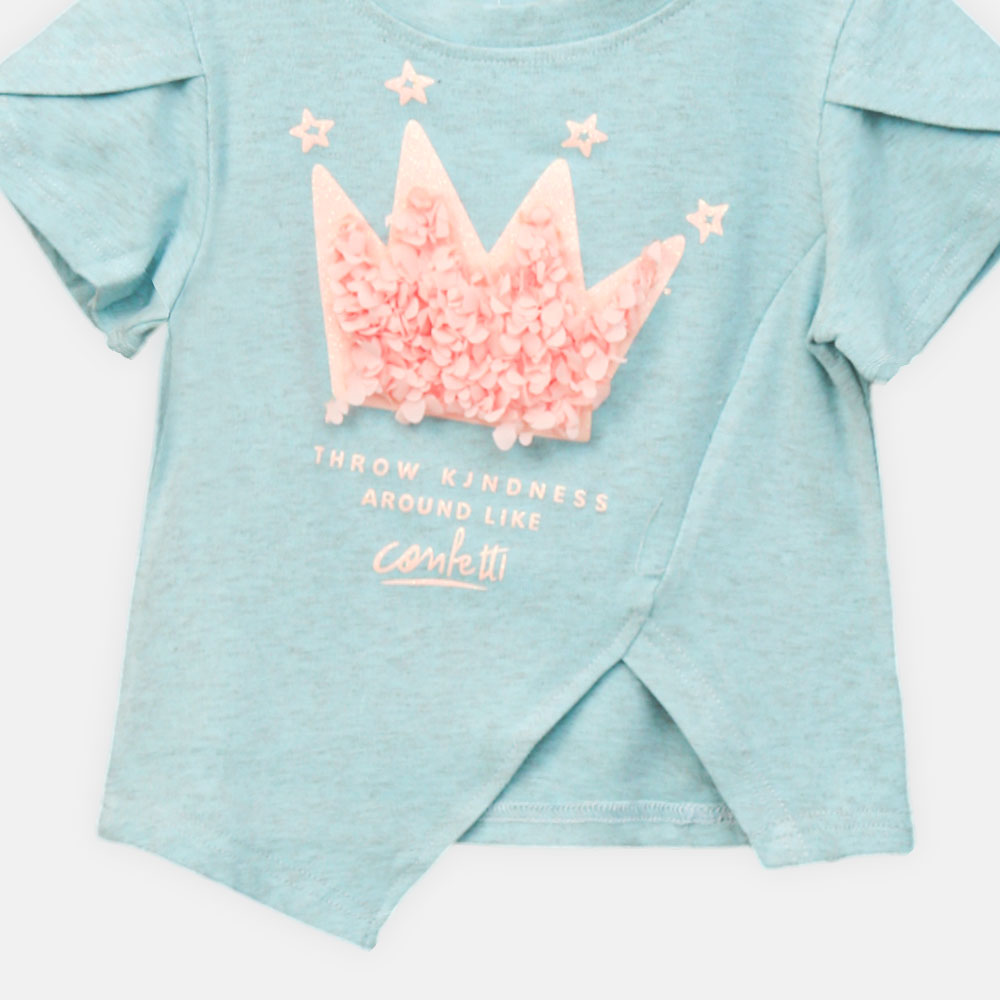 GIRL T-SHIRT BLUE CROWN GRAPHIC WITH RUFFLES