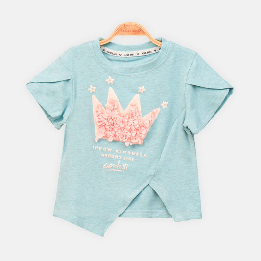 GIRL T-SHIRT BLUE CROWN GRAPHIC WITH RUFFLES