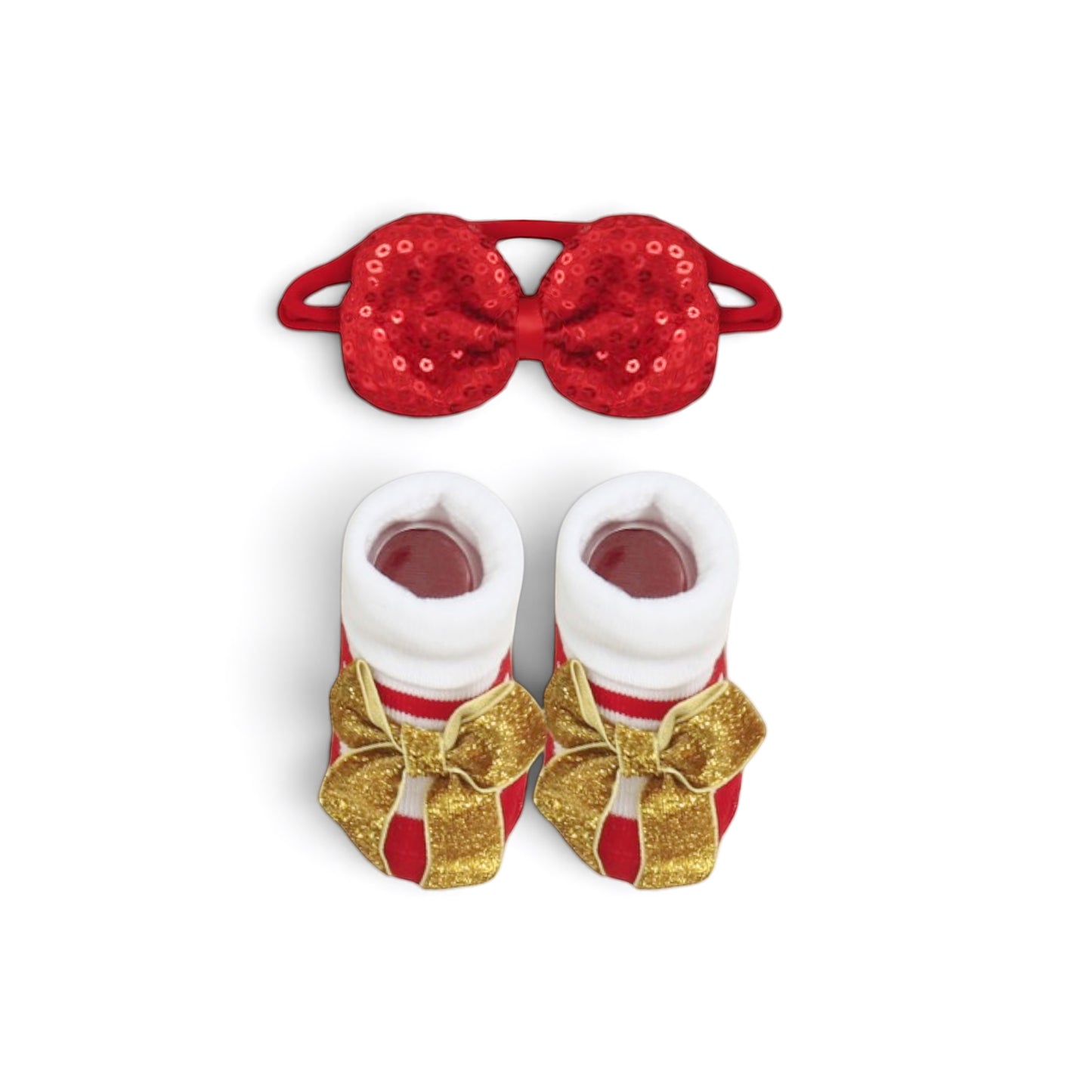FESTIVE RED & GOLD INFANT BOOTIES & HEAD BAND