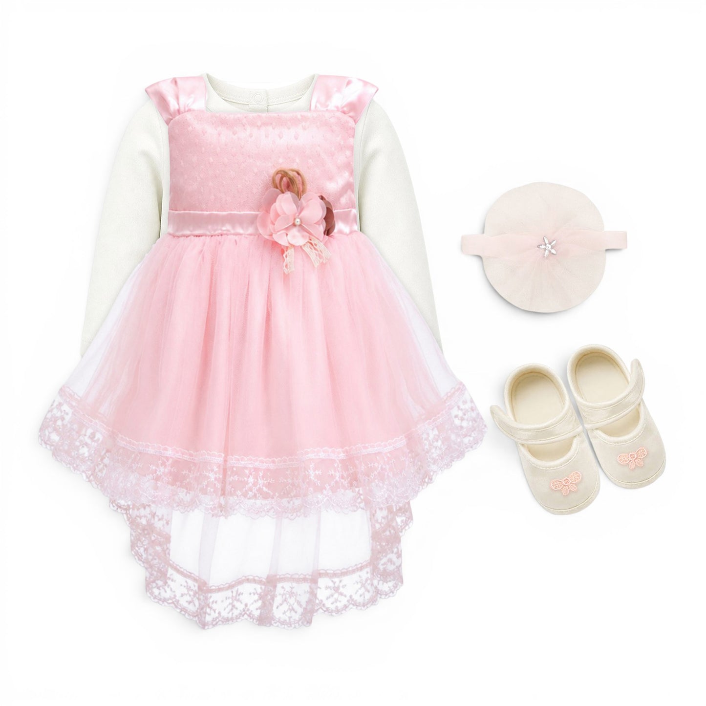 PINK TRIPLE FLOWER BABY GIRL FANCY FROCK GIFT SET