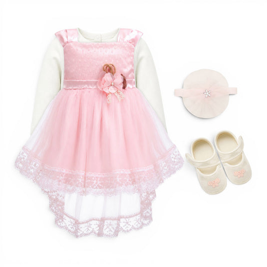 PINK TRIPLE FLOWER BABY GIRL FANCY FROCK GIFT SET