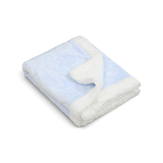 BLUE EMBOSSED HEART WITH WHITE SHERPA BORDER BLANKET