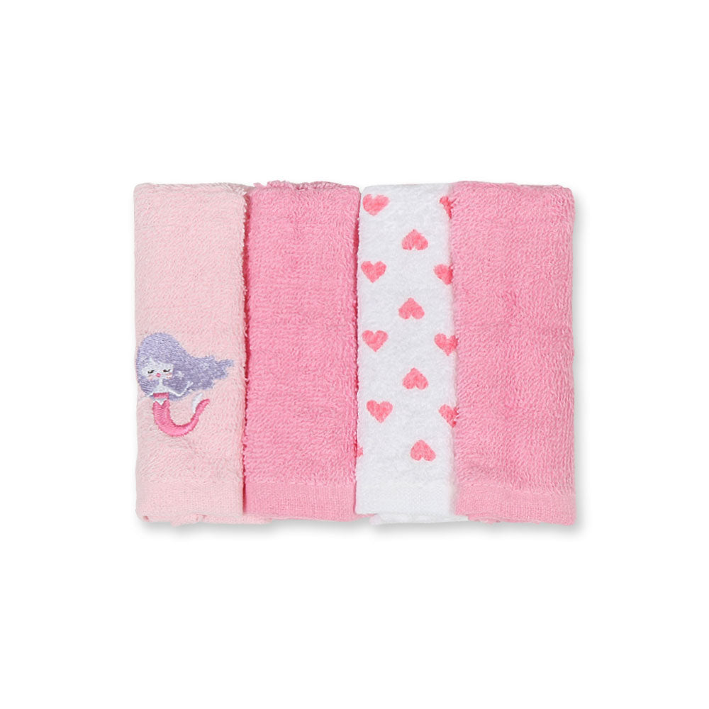 FACE TOWEL PK-4 FIERY ROSE HEARTS & MERMAID