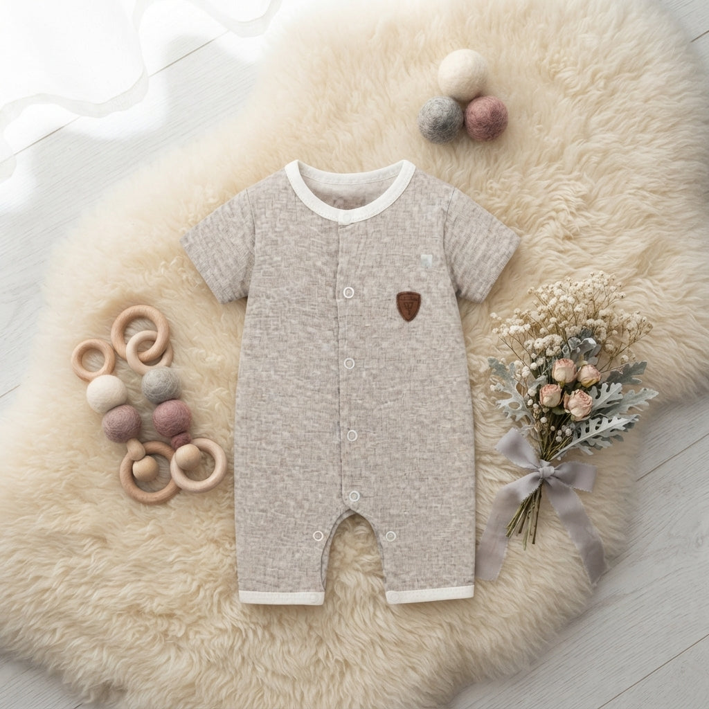 BABY BOY TEXTURED JACQUARD ROMPER BEIGE