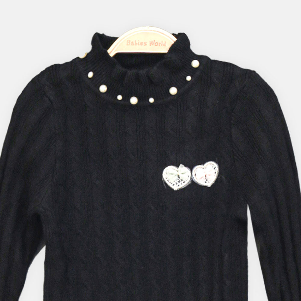 GIRL HI-NECK SWEATER BLACK PEARL-EMBELLISHED