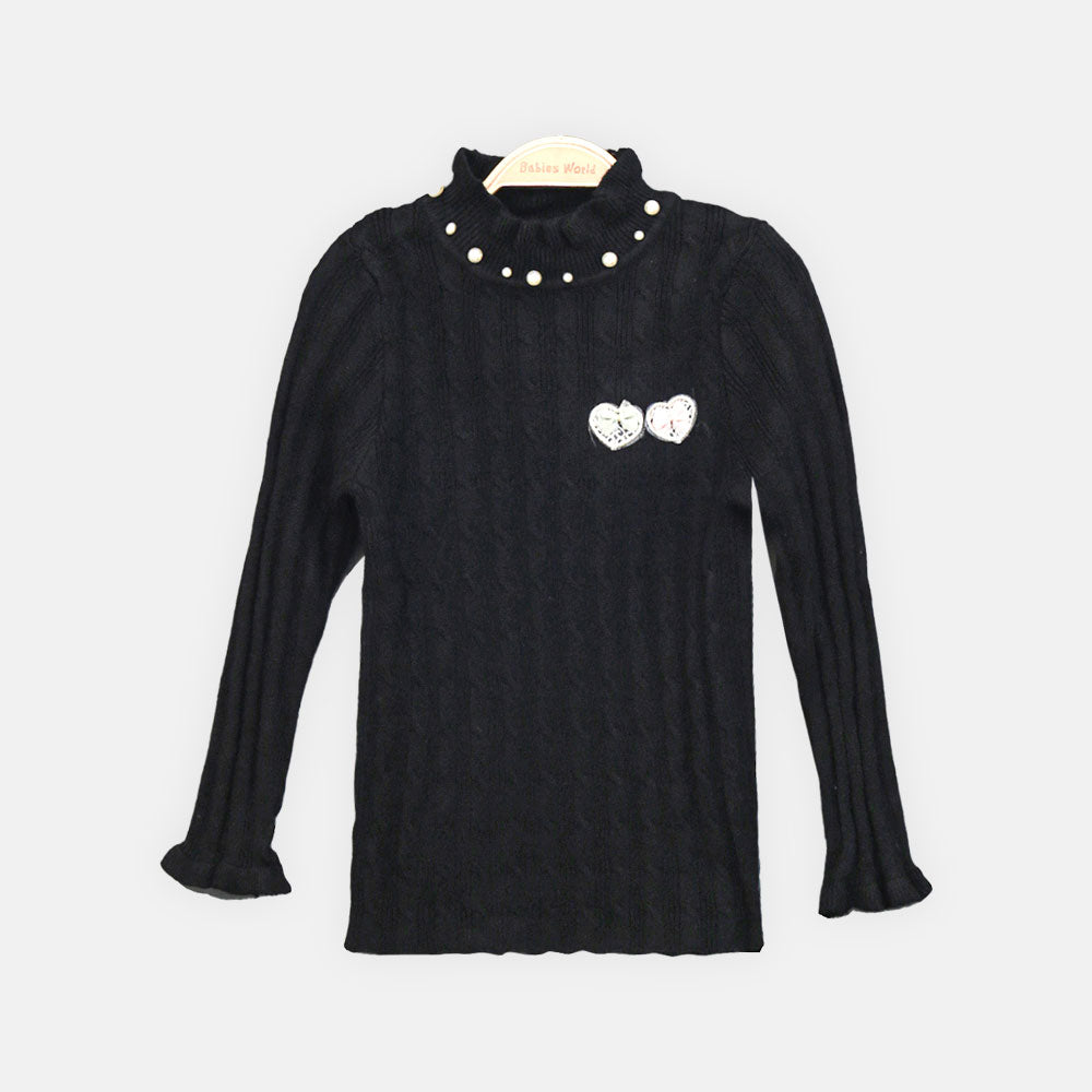 GIRL HI-NECK SWEATER BLACK PEARL-EMBELLISHED