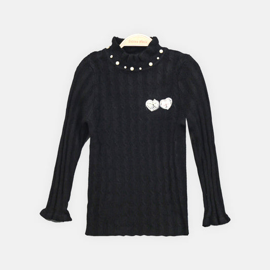 GIRL HI-NECK SWEATER BLACK PEARL-EMBELLISHED
