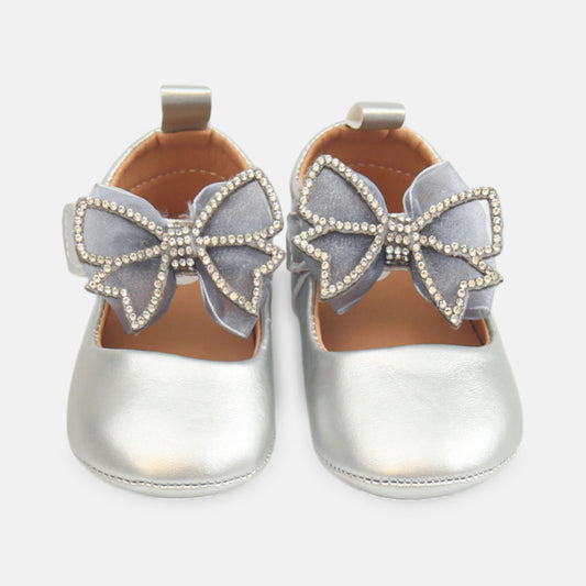 GIRL PRE WALKER SHOES SILVER GLIMMER BOW