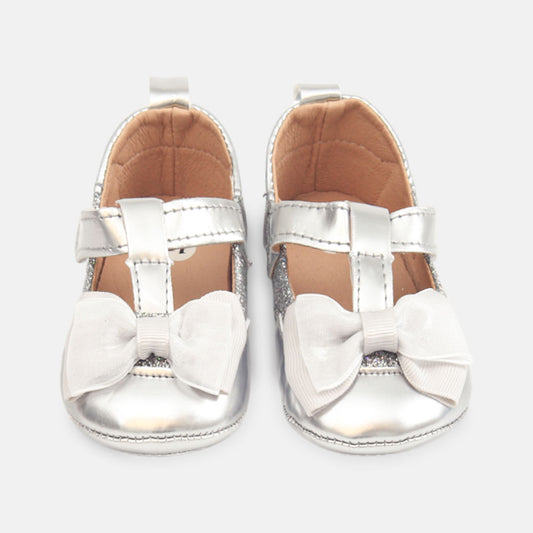 GIRL PRE WALKER SHOES SILVER GLIMMER BOW