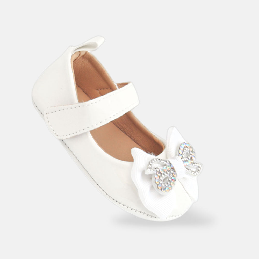GIRL PRE WALKER SHOES WHITE RHINESTONE BOWS