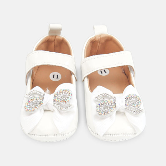 GIRL PRE WALKER SHOES WHITE RHINESTONE BOWS