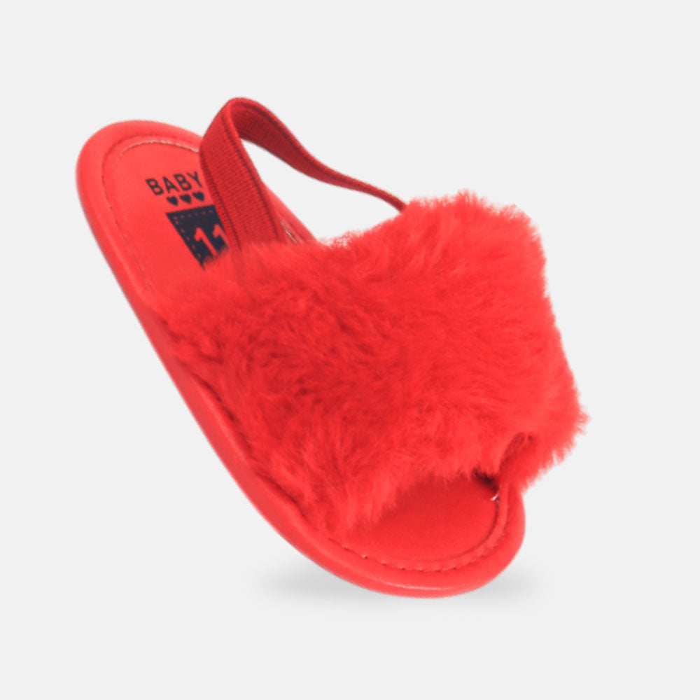 GIRL PRE WALKER SANDAL RED FURRY SLIP-ON