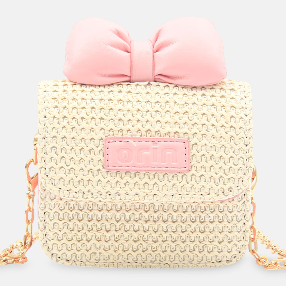 GIRL PURSE / CLUTCH CREAM WOVEN PINK BOW