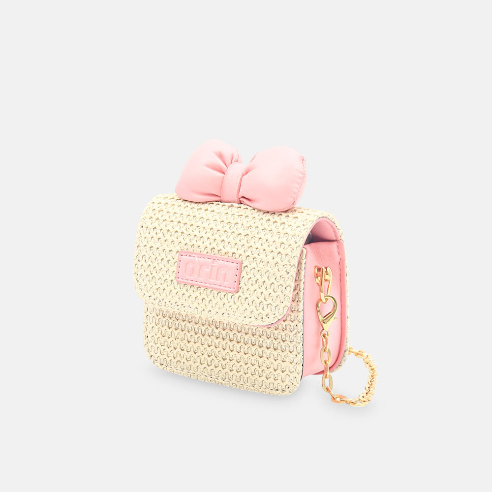 GIRL PURSE / CLUTCH CREAM WOVEN PINK BOW