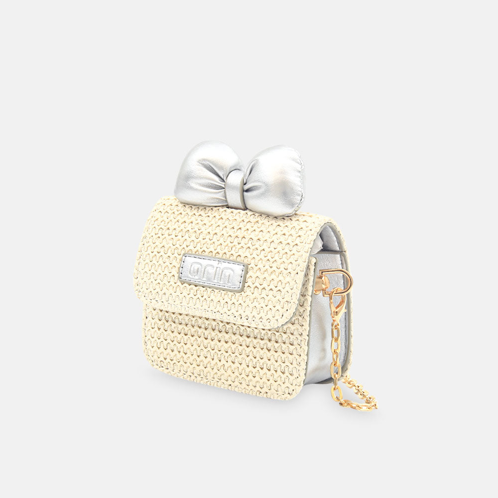 GIRL PURSE / CLUTCH CREAM WOVEN SILVER BOW