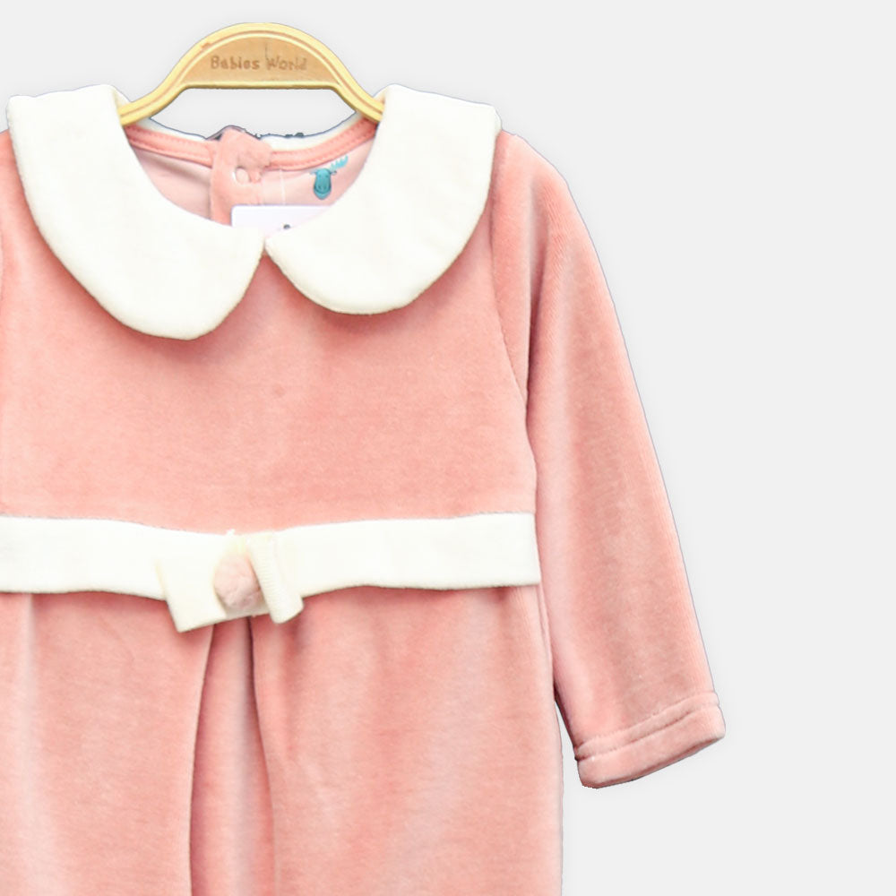 GIRL ROMPER PETITE ROSE VELVET COLLAR FOOTED