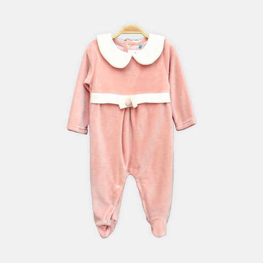 GIRL ROMPER PETITE ROSE VELVET COLLAR FOOTED