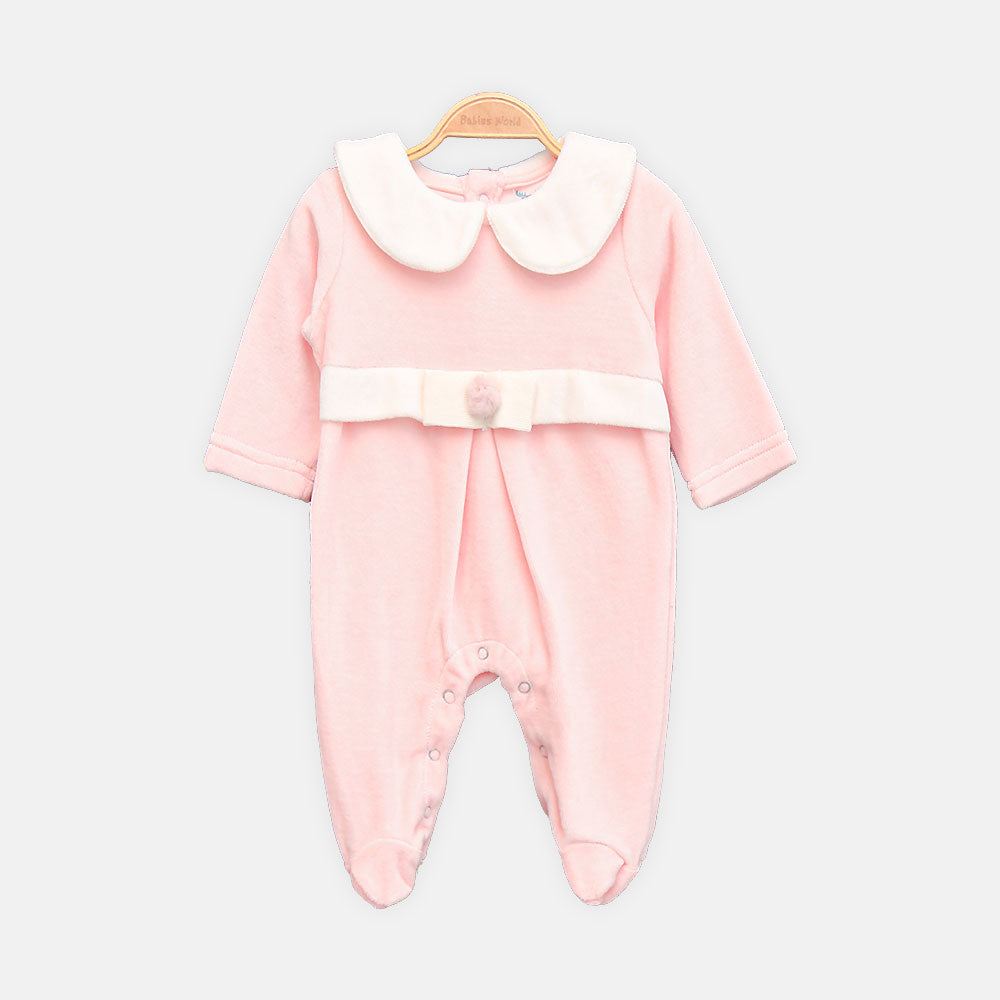 GIRL ROMPER PINK VELVET COLLAR FOOTED