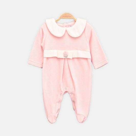 GIRL ROMPER PINK VELVET COLLAR FOOTED