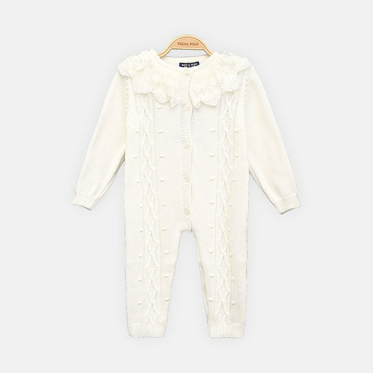 GIRL ROMPER CLASSIC WHITE CABLE-KNIT BUTTON-FRONT